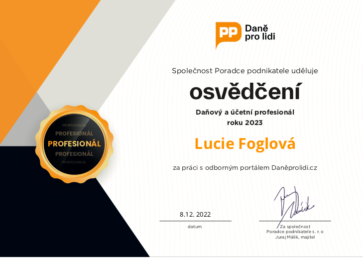 Daně pro lidi certificate, the institute of Chartered Accountant 2023 rewarded Lucie Foglová